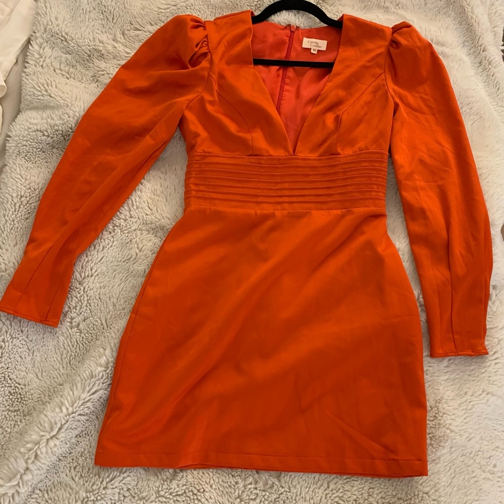 Camila Coelho Orange V-Neck Mini Dress with Pintuck Waist